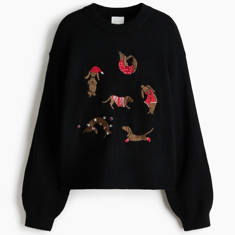 NWT H&M Oversized Dachshund Embroidered Sweater Black/dogs 1314318001 S, M, XXL